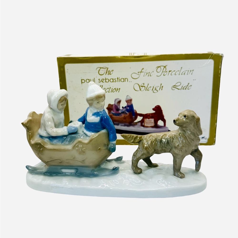 Meico Paul Sebastian Collection Fine Porcelain Kids Sleigh Ride Figurine 8”